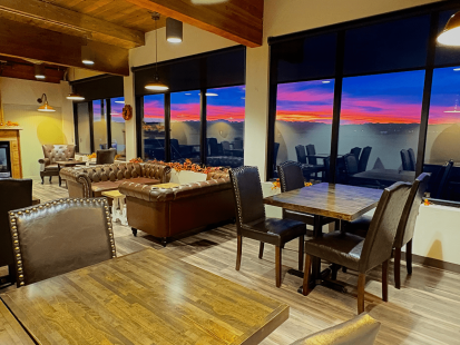 Beautiful orange, purple, and yellow sunset view from the MC Coffee House lounging area